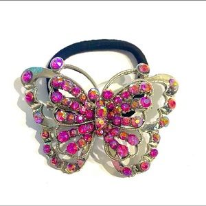 Ponytail Holder Brooch Pink Rhinestones 2 In 1 Butterfly